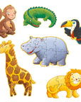 Állatos fa puzzle gyerekeknek: majom, krokodil, tukán, zsiráf, víziló, oroszlán