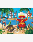 Kalózos gyerek puzzle illusztráció kincsesládával, majommal, papagájjal a tengerparton
