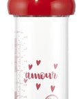 Átlátszó cumisüveg piros tetővel, szív mintával és amour felirattal, baba etetéshez