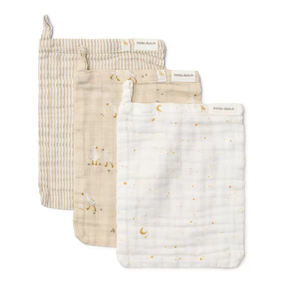 Little Dutch Muslin Baby Bath Mittens - Little Goose - 3 pcs