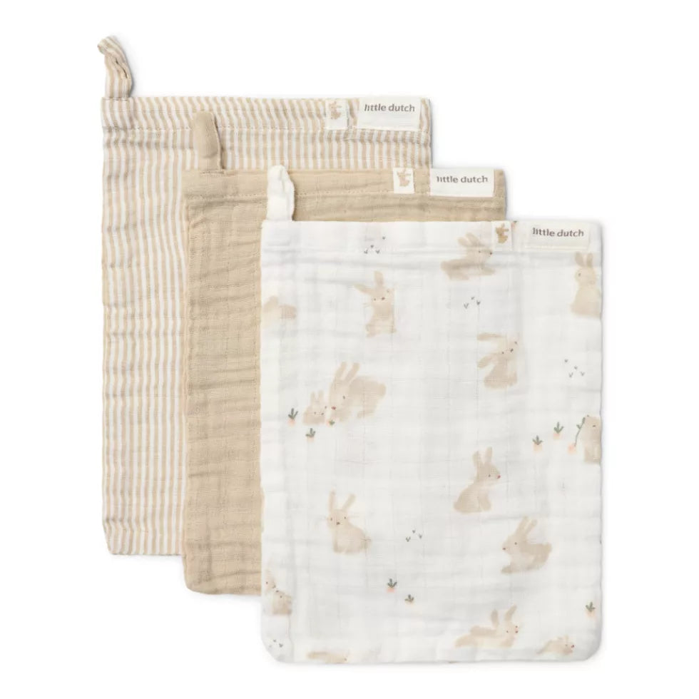 Little Dutch Muslin Baby Bath Mittens - Baby Bunny - 3 pcs