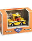 Djeco Crazy Motors sárga játék taxi, dobozban, fekete-fehér kockás dizájnnal