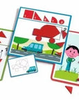 Tangram formakirakó gyerekeknek, színes alakzatkártyák autó, korona és ember figurákkal