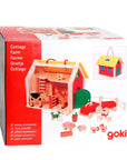 Goki fa farm játék készlet állatokkal, piros pajtával és traktorral, dobozban