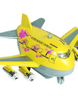 Citromsárga játék repülőgép, jumbo jet forma, virágos és madaras díszítéssel, gyerekeknek