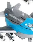 Szürke-kék játék repülőgép, jumbo jet, gyerekeknek szánt műanyag játék