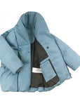 Világoskék téli gyerek kabát nyitott állapotban, fekete béléssel, prémium ruházat