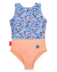 Gyerek egyberészes fürdőruha virágmintás felsőrésszel és barack alsóval, hímzett folttal