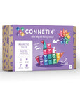 Connetix mágneses építőkocka készlet doboz, színes pastel elemekkel, gyerekjáték