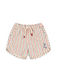 Gyerek rövidnadrág piros-kék csíkos mintával, horgony hímzéssel, zsinóros derékkal.