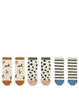 Gyerek zokni szett, állatos, pöttyös és csíkos mintával, bézs alapon, három pár