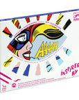 Gyerek kreatív készlet pop art szuperhős, Roy Lichtenstein stílusban, rajzkészlet doboza