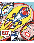 Pop-art stílusú űrhajósok és rakéta élénk színekkel, képregény inspirációval
