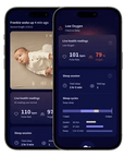 Owlet Dream Sock- Babafigyelő alkalmazás mobiltelefonon, alvó baba képe és egészségügyi adatok megjelenítve.