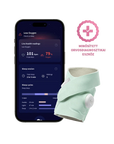 Owlet okos baba zokni menta színben, mellette egészségügyi adatokat mutató mobilapp