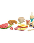 Fa reggeliző játék szett gyerekeknek: croissant, kenyér, sajt, dinnye, tojás, tea, lekvár