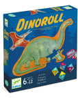 Dinós társasjáték doboza, színes dinoszauruszokkal, 6-12 éves gyerekeknek ajánlott.