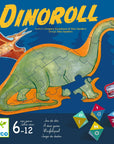 Dinós társasjáték doboza, puzzle elemekkel, színes kockákkal, és vidám dinoszauruszokkal.