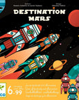 Űr témájú társasjáték doboz, színes rakétákkal, bolygókkal és Destination Mars felirattal
