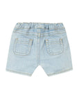 Világoskék, gumis derekú, hátsó zsebes farmer rövidnadrág babáknak