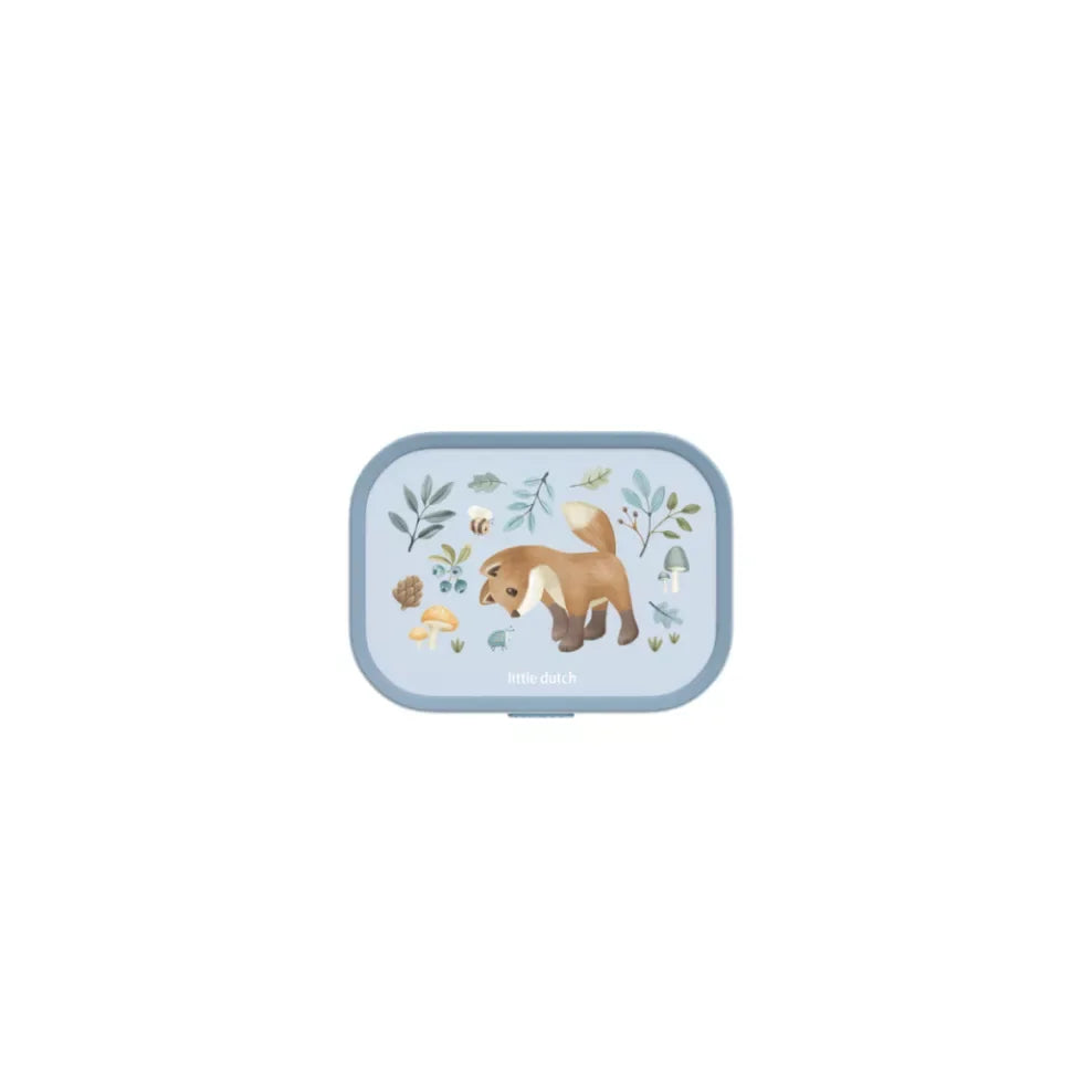 Kék, állatos mintás gyerek uzsonnás doboz, erdei motívumokkal és rókával díszítve.