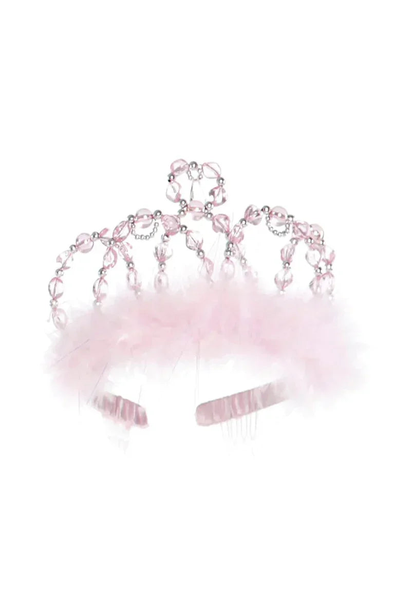 Rózsaszín gyöngyös hercegnő tiara tollas dísszel, gyerek jelmez kiegészítő