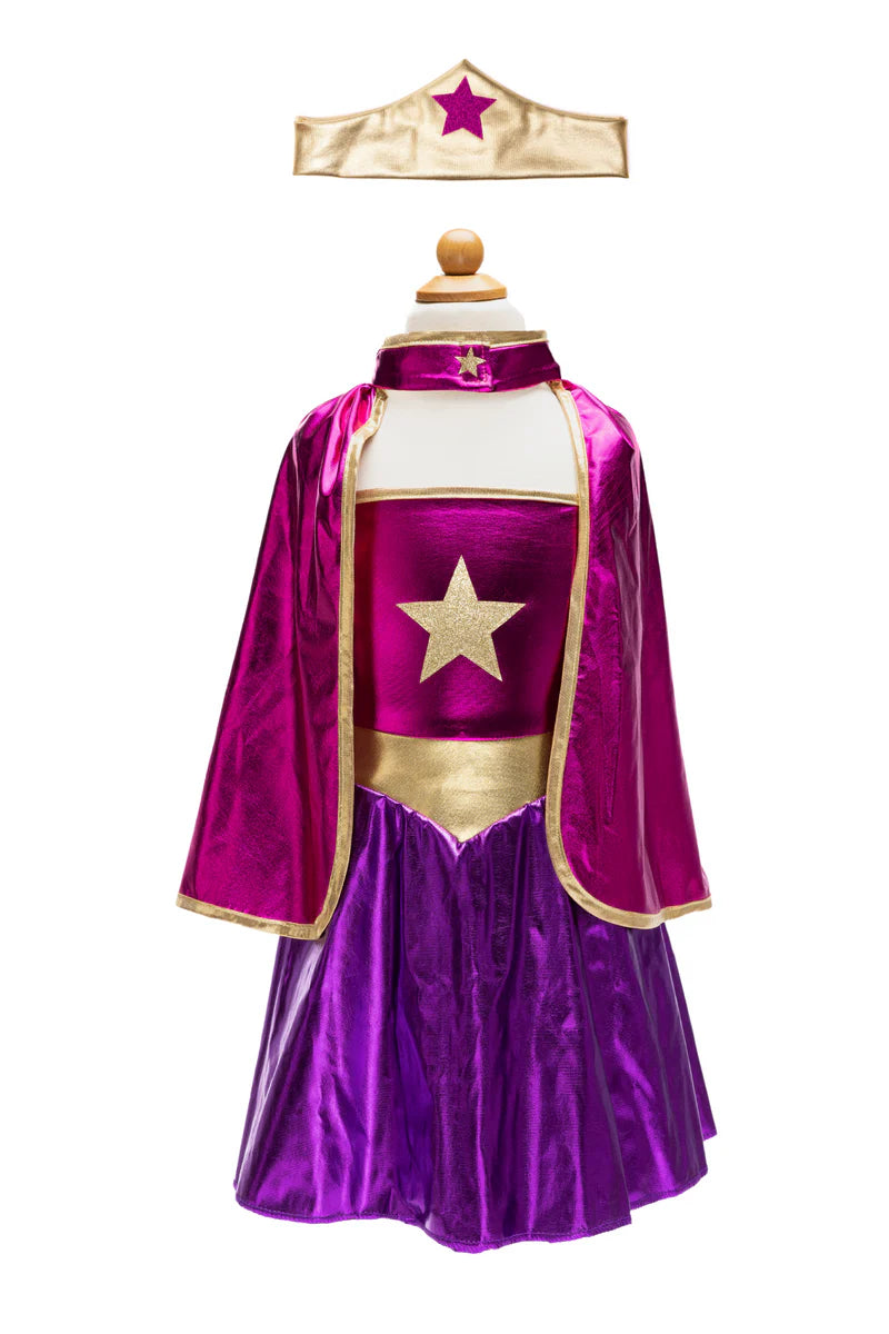 Great Pretenders Superhero Star köpeny és fejdísz - Magenta/Purple