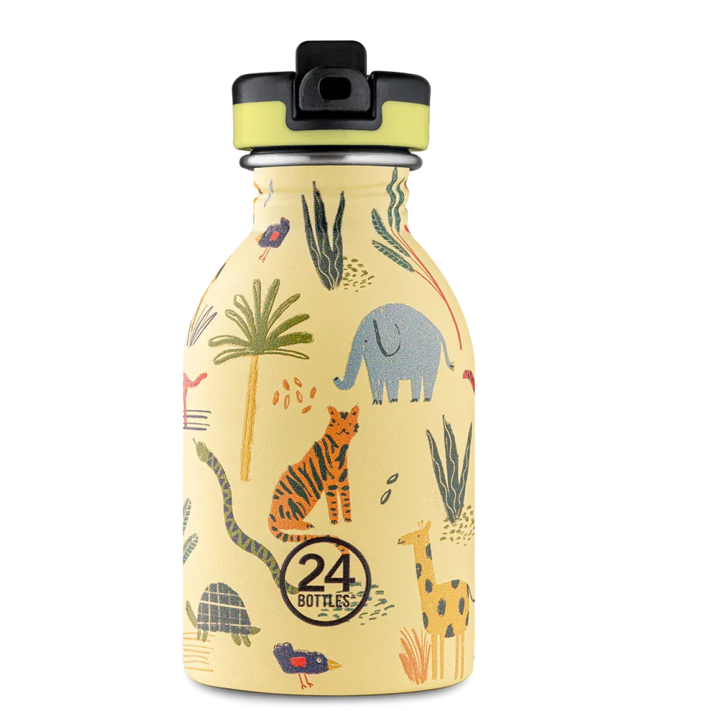 Gyerek rozsdamentes acél kulacs szívószálas kupakkal, dzsungel állatos mintával