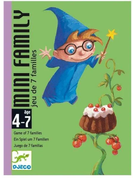 Djeco Mini Family kártyajáték doboza, varázsló figurával, zöld háttéren, 4-7 éveseknek