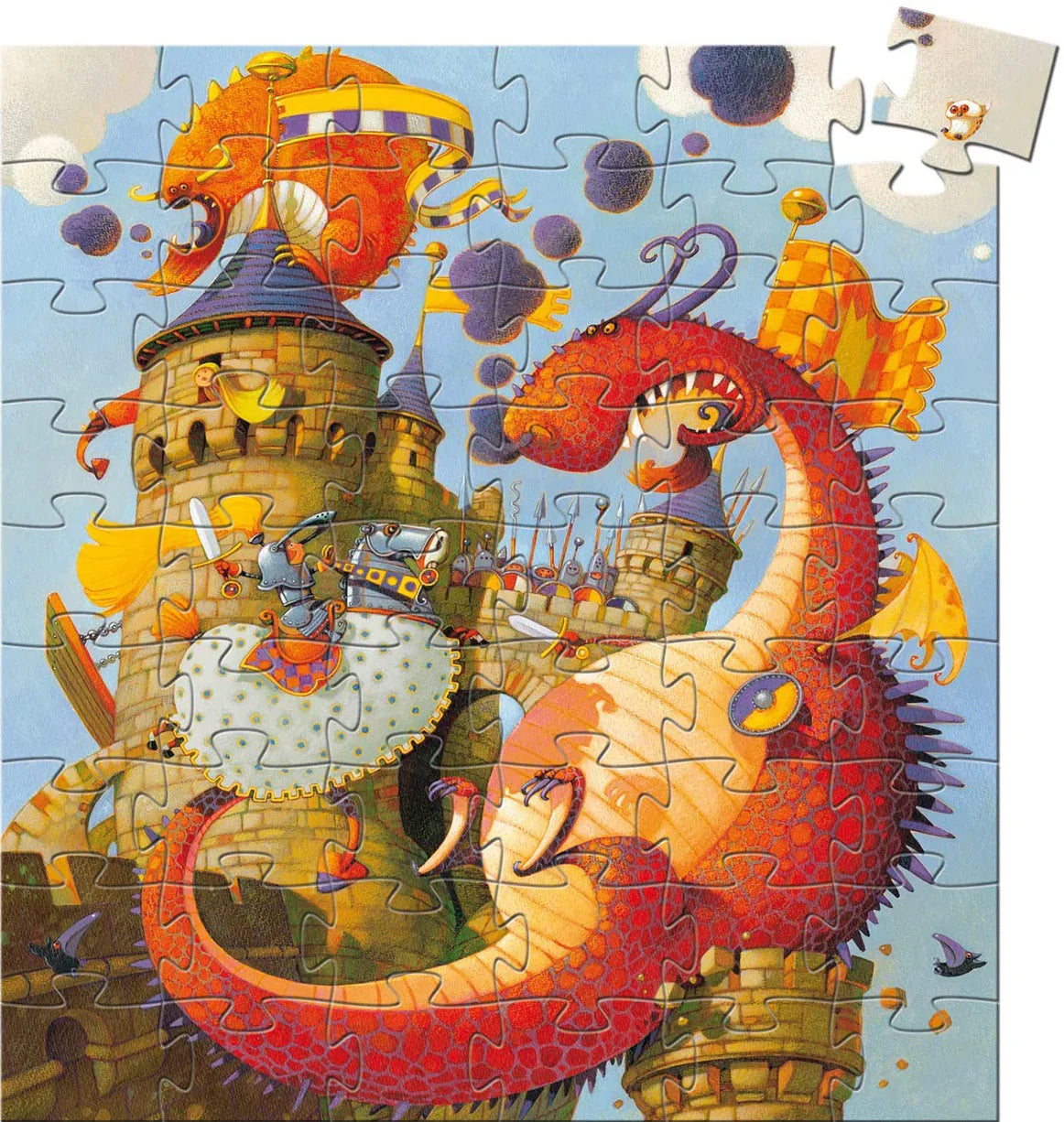 Színes gyerek puzzle lovaggal, sárkánnyal és középkori várral rajzolt jelenetben.