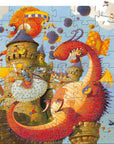 Színes gyerek puzzle lovaggal, sárkánnyal és középkori várral rajzolt jelenetben.