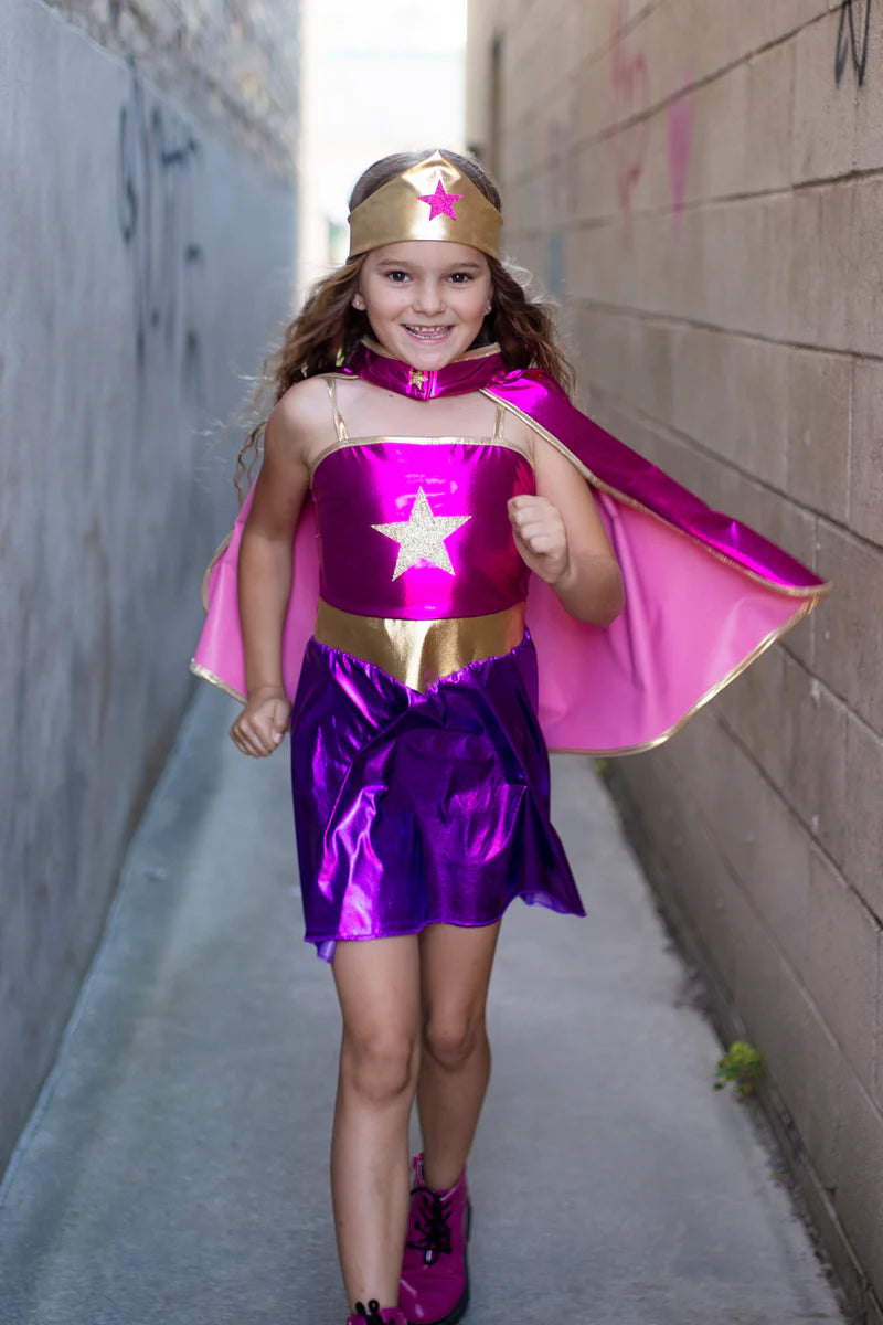 Great Pretenders Superhero Star köpeny és fejdísz - Magenta/Purple