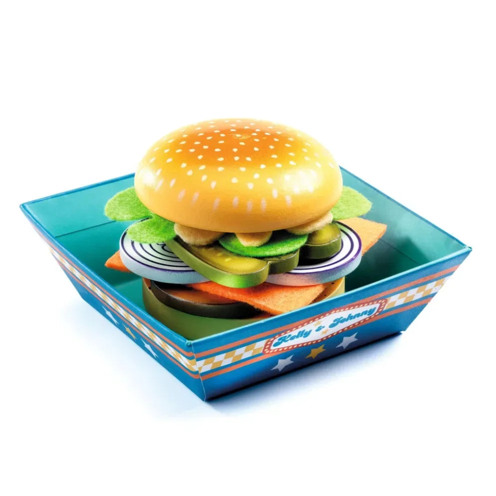 Játék hamburger fa és filc hozzávalókkal, díszdobozban, gyerek játék étel