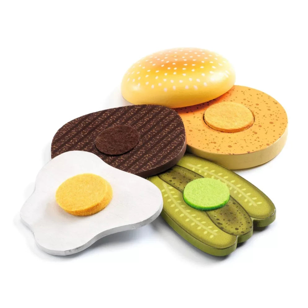 Fa hamburger szett játék, tojással, uborkával és zsemlével, gyerekeknek