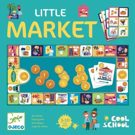 Djeco Little Market társasjáték, színes játéktábla, pénzérmék és kártyák, gyerekeknek