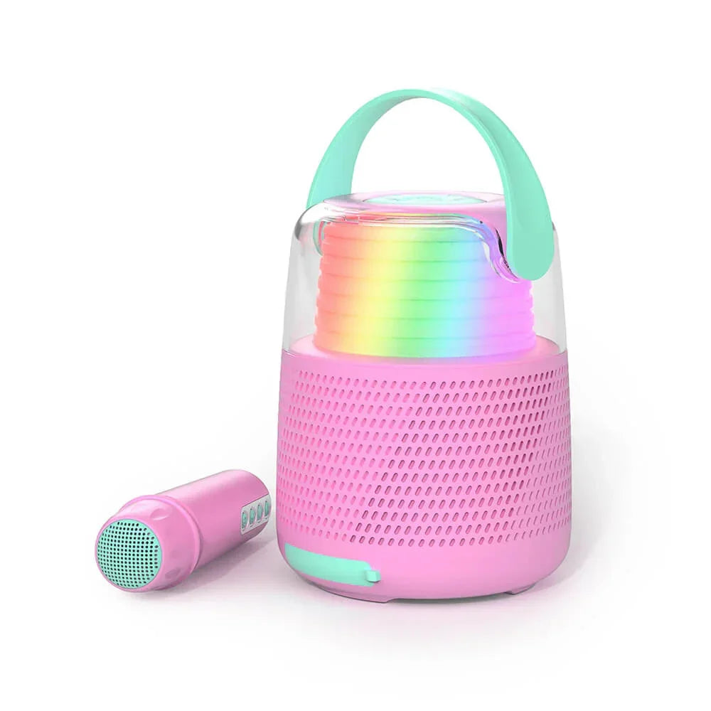 Színes, LED világítású, gyermek karaoke mikrofon és hangszóró szett pink színben