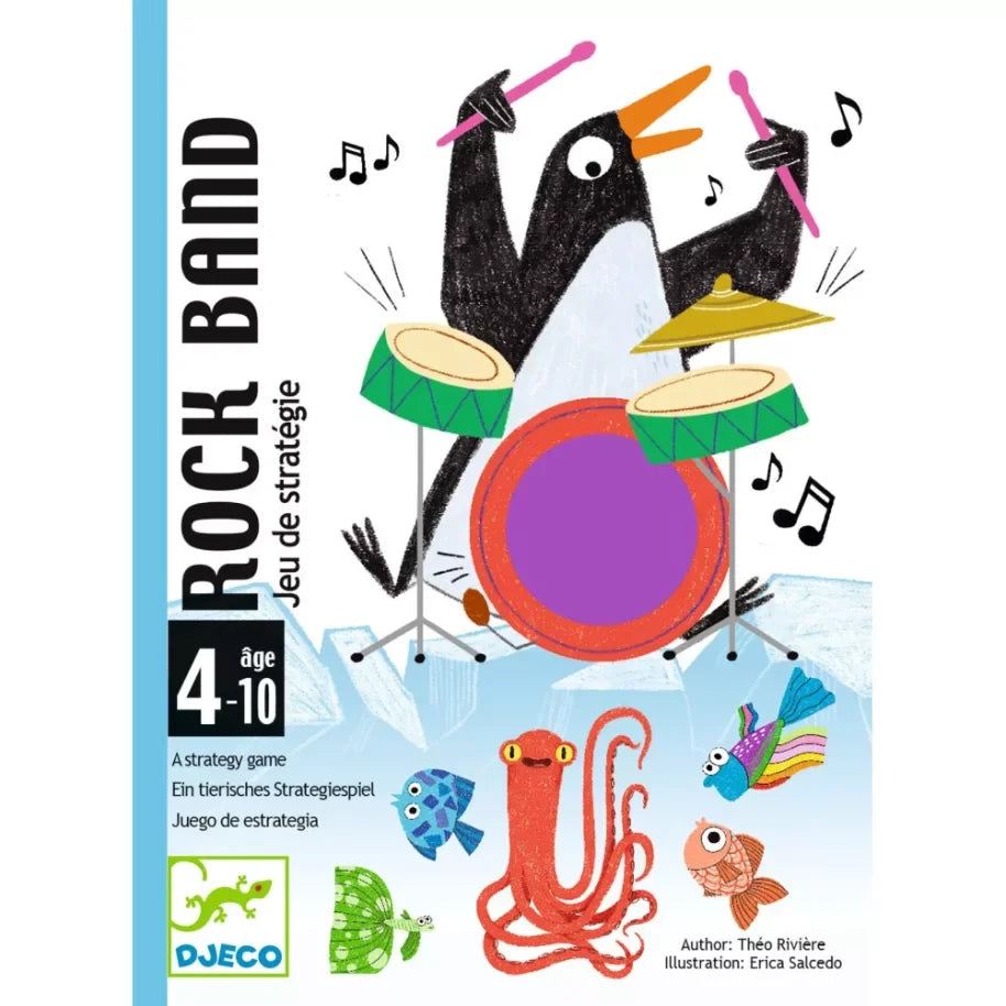 Rock Band társasjáték doboza, pingvin dobol, színes állatfigurák, 4-10 éveseknek