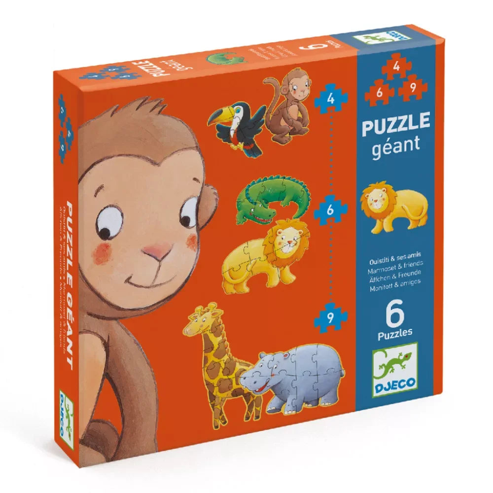 Djeco állatos óriás puzzle gyerekeknek, majom, oroszlán, zsiráf, víziló, krokodil, tukán