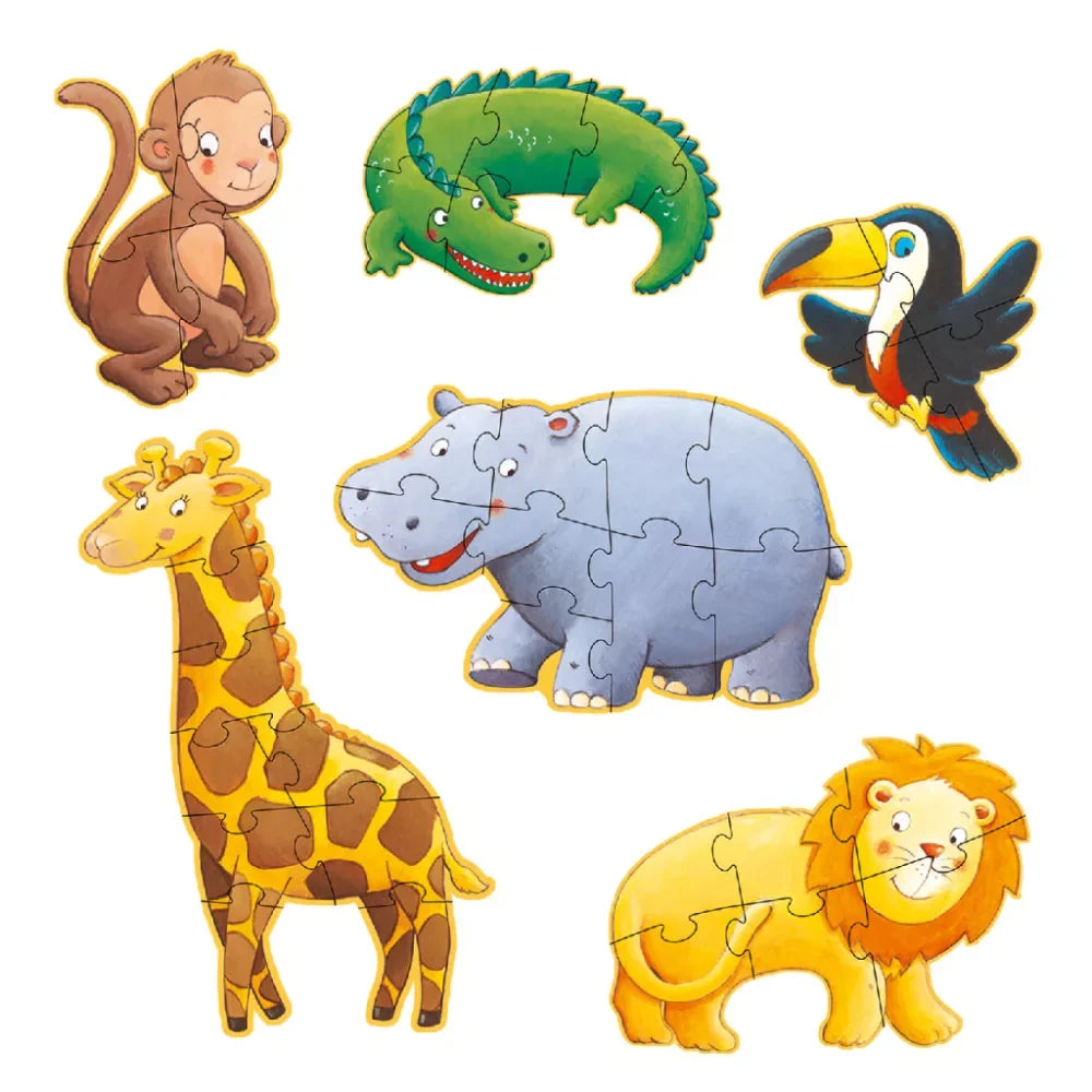 Állatos fa puzzle gyerekeknek: majom, krokodil, tukán, zsiráf, víziló, oroszlán