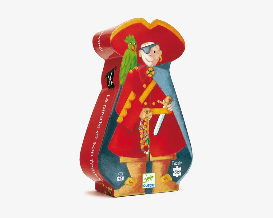 Színes dobozban kalózos gyerek puzzle, piros ruhás kalóz papagájjal, 36 darabos, 4+ korosztály