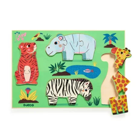 Állatos fa puzzle tigrissel, vízilóval, zebrával és zsiráffal, zöld háttéren, gyerekeknek