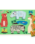 Állatos fa puzzle tigrissel, vízilóval, zebrával és zsiráffal, zöld háttéren, gyerekeknek