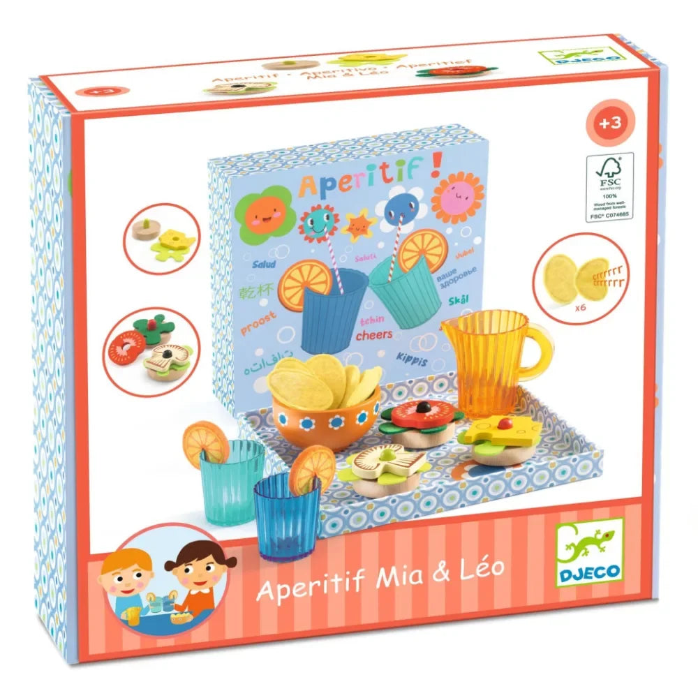 Djeco Aperitif Mia &amp; Léo fából készült játék szett gyerekeknek, poharakkal, harapnivalóval, 3 éves kortól