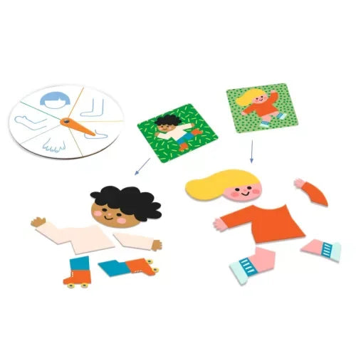 Gyerek puzzle játék színes figurákkal, forgatható tárcsával és kártyákkal