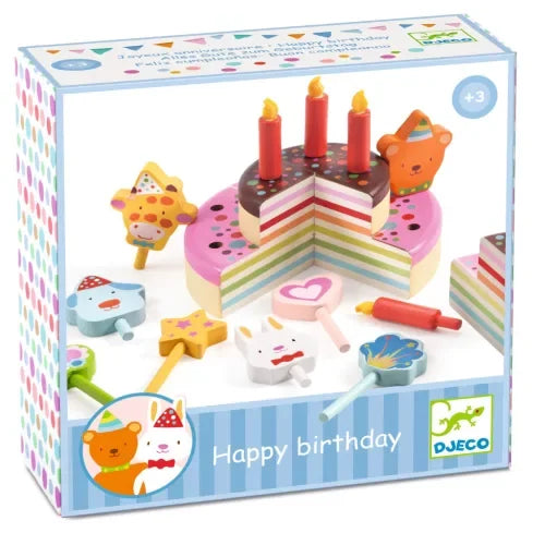 Fa születésnapi torta játék gyerekeknek díszekkel, színes gyertyákkal, 3 éves kortól
