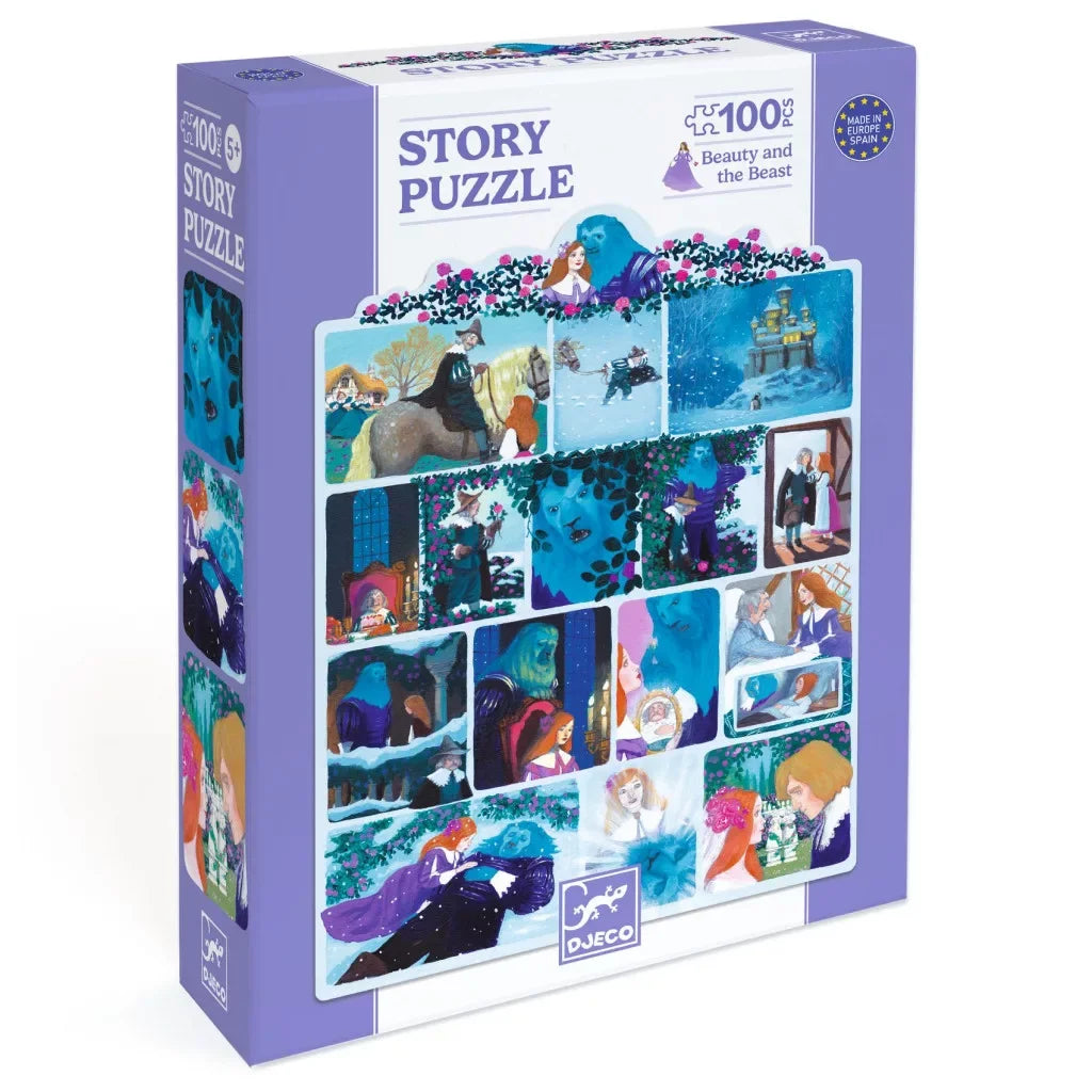 Szépség és a Szörnyeteg mesés puzzle doboz, 100 darabos, gyermekeknek, illusztrált jelenetekkel