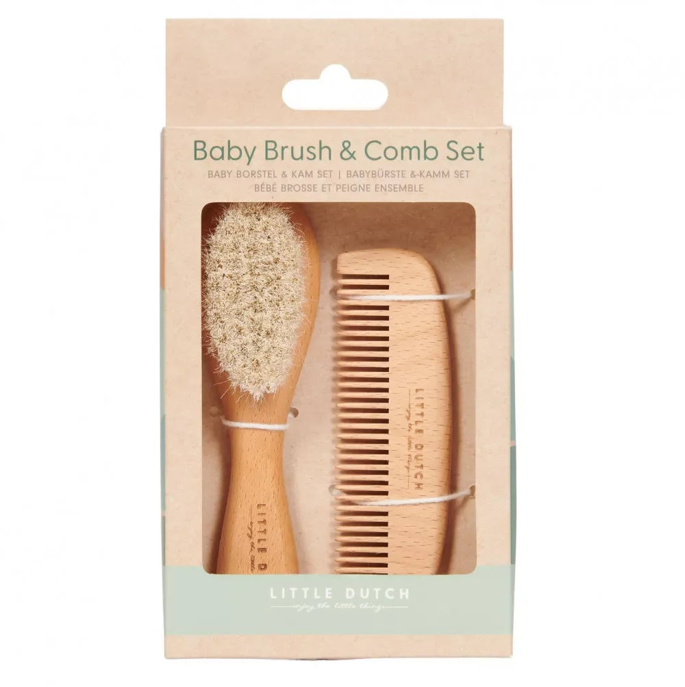 Baba hajkefe és fésű szett natúr fa fogantyúval, puha sörtékkel csomagolásban