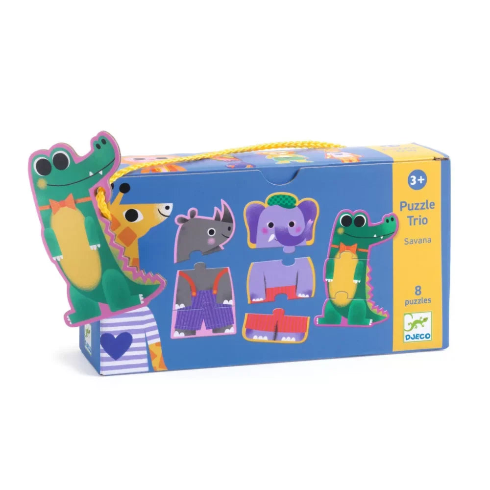 Színes, állatos Djeco Puzzle Trio doboz, krokodil, elefánt és orrszarvú mintával, 3 éves kortól.