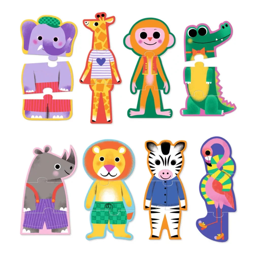 Színes állatos puzzle elemek gyerekeknek, elefánt, zsiráf, oroszlán, zebra, víziló, majom, krokodil, flamingó figurákkal.