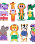 Színes állatos puzzle elemek gyerekeknek, elefánt, zsiráf, oroszlán, zebra, víziló, majom, krokodil, flamingó figurákkal.